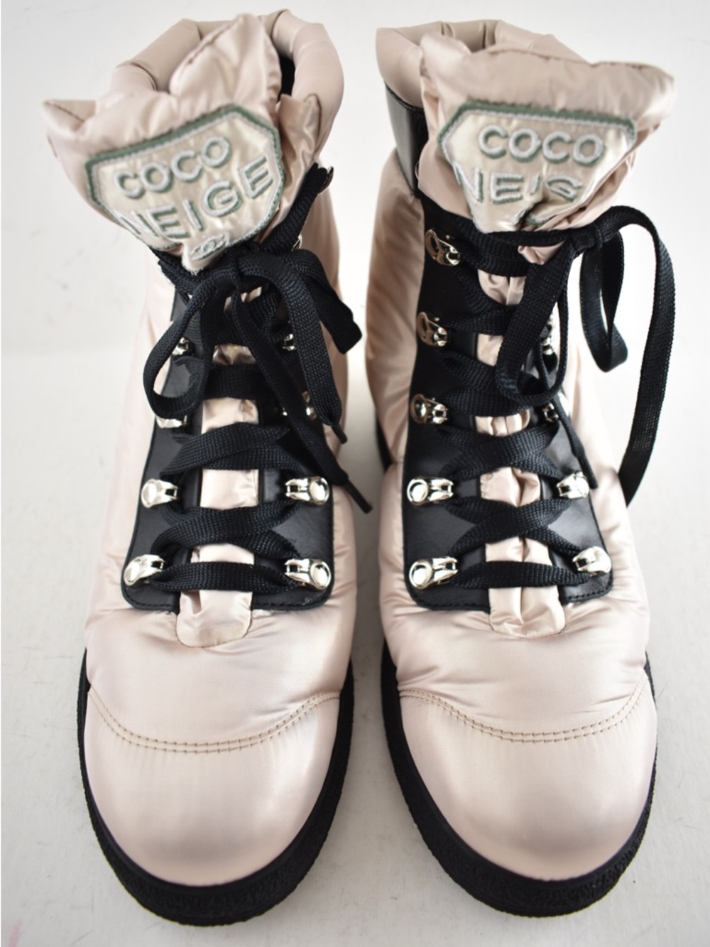 Chanel 18B Coco Neige Pink Black CC Logo Snow Winter Lace Up Tie Combat Boots 37 - Picture 6 of 16